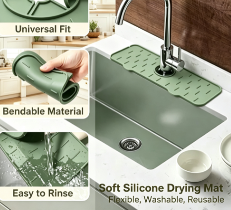 Self-Draining Silicone Faucet Mat - Sloped Sink Splash Guard and Soap Sponge Organizer Tray
