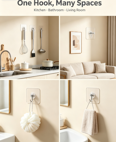 Transparent No-Drill Adhesive Utility Hooks - Waterproof Seamless Wall Hangers for Home, Kitchen, and Bath Organization