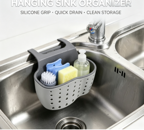 Flexible Silicone Sink Caddy - Adjustable Double-Layer Faucet Organizer and Sponge Holder for Kitchen and Bath