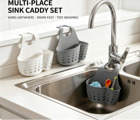 Flexible Silicone Sink Caddy - Adjustable Double-Layer Faucet Organizer and Sponge Holder for Kitchen and Bath