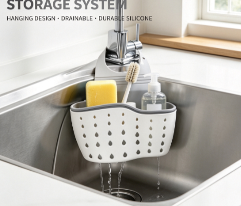 Flexible Silicone Sink Caddy - Adjustable Double-Layer Faucet Organizer and Sponge Holder for Kitchen and Bath