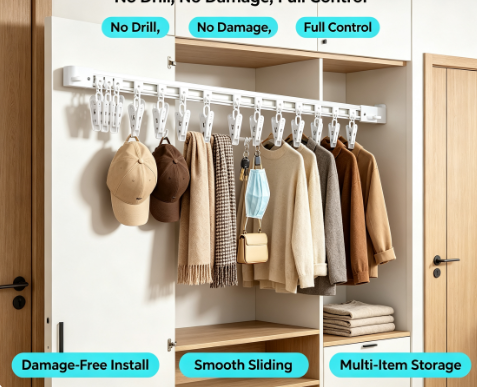Retractable Under-Counter Sliding Hook Bar - Self-Adhesive Track Rack for Kitchen and Closet Organization