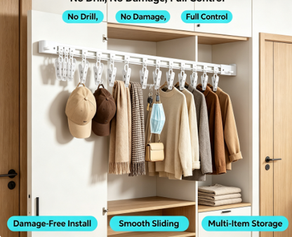 Retractable Under-Counter Sliding Hook Bar - Self-Adhesive Track Rack for Kitchen and Closet Organization