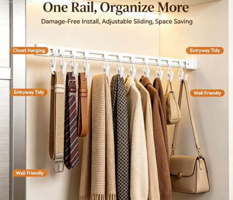 Retractable Under-Counter Sliding Hook Bar - Self-Adhesive Track Rack for Kitchen and Closet Organization
