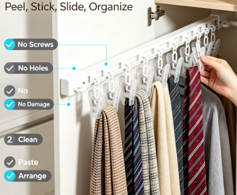Retractable Under-Counter Sliding Hook Bar - Self-Adhesive Track Rack for Kitchen and Closet Organization