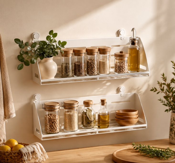 Vintage Wood Kitchen Organizer - Hanging Wall Spice Shelf for Jars and Condiment Bottles