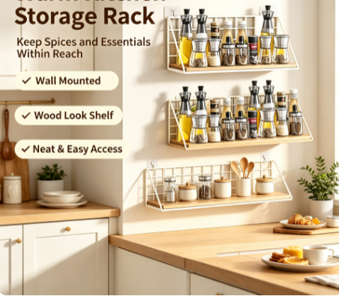 Vintage Wood Kitchen Organizer - Hanging Wall Spice Shelf for Jars and Condiment Bottles