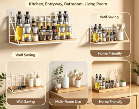 Vintage Wood Kitchen Organizer - Hanging Wall Spice Shelf for Jars and Condiment Bottles