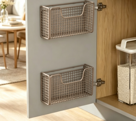Over-the-Door Metal Storage Basket - Punch-Free Cabinet Door Spice and Wrap Holder for Kitchens
