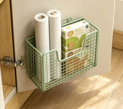 Over-the-Door Metal Storage Basket - Punch-Free Cabinet Door Spice and Wrap Holder for Kitchens