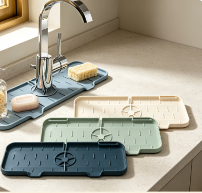 Self-Draining Silicone Faucet Mat - Sloped Sink Splash Guard and Soap Sponge Organizer Tray
