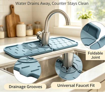 Self-Draining Silicone Faucet Mat - Sloped Sink Splash Guard and Soap Sponge Organizer Tray