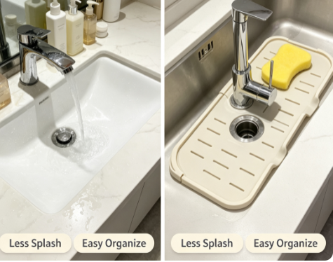 Self-Draining Silicone Faucet Mat - Sloped Sink Splash Guard and Soap Sponge Organizer Tray
