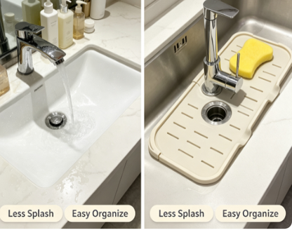 Self-Draining Silicone Faucet Mat - Sloped Sink Splash Guard and Soap Sponge Organizer Tray
